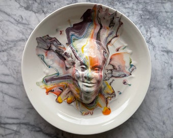 Marbled face plate sculpture wall hanging platter portrait relief fruit bowl figure art pottery bird bath head of a woman halo porcelain