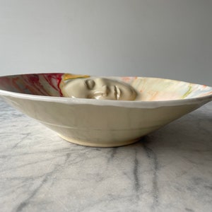 Marbled Face Bowl Ceramic Art Centerpiece Serving Sculpture Bas Relief Vessel, Wall Hanging Roundel Pour Painting image 5