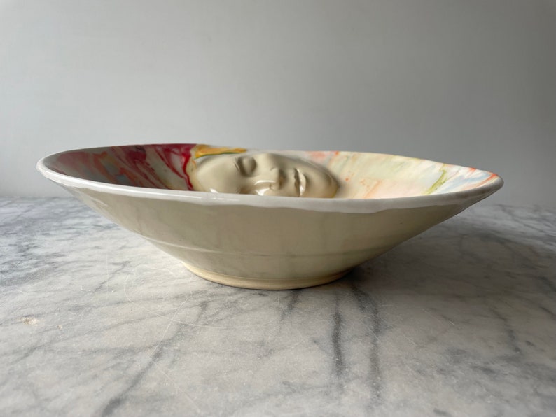 Marbled Face Bowl Ceramic Art Centerpiece Serving Sculpture Bas Relief Vessel, Wall Hanging Roundel Pour Painting image 5