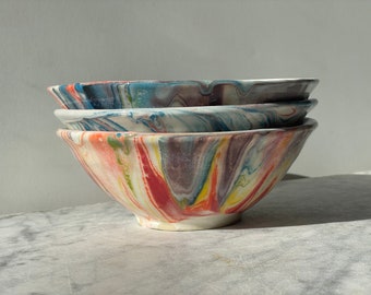 Set of three bowls, marbled colorful pour painted pottery vessels, rainbow fluid art ceramic tableware, soup bowls