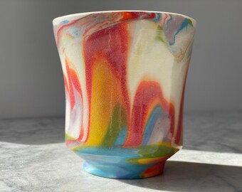 Marbled cup slip pour painting rainbow yunomi vessel full color spectrum porcelain drips pottery teacup