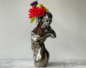 Nude Torso Vase Sculpture, Female Figure Vessel, Mature Classical Surreal Art Figurine Fluid Colored Metallic Glazed Porcelain