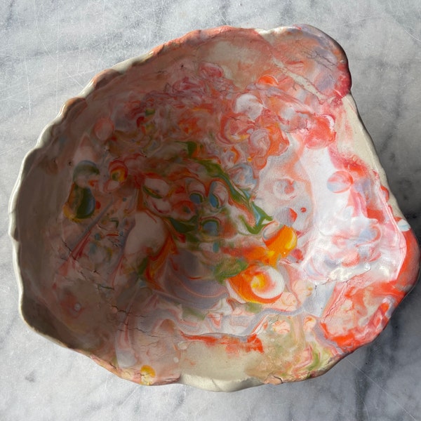 Marbled ceramic bowl, colorful porcelain rainbow slip pour painting serving bowl art pottery clear glazed vessel centerpiece