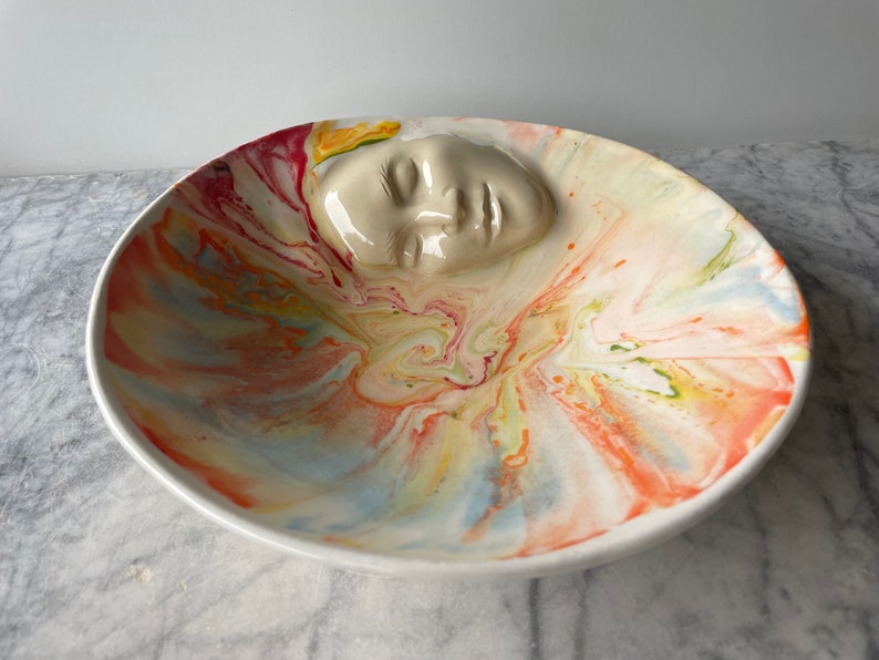 Marbled Face Bowl Ceramic Art Centerpiece Serving Sculpture Bas Relief Vessel, Wall Hanging Roundel Pour Painting image 3