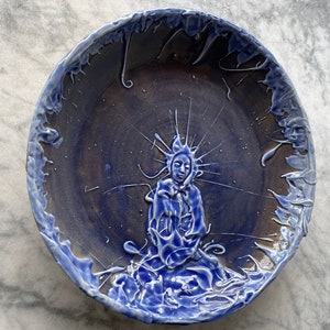 Blue glazed plate buddha meditation textured glaze painting plate, yoga serving art wall hanging pottery platter image 2