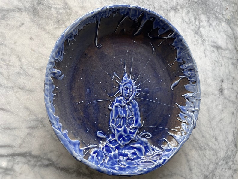 Blue glazed plate buddha meditation textured glaze painting plate, yoga serving art wall hanging pottery platter image 2