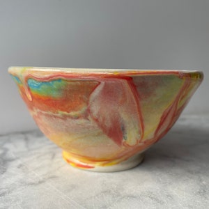 Small bowl marbled drippy colored slip pour painting pottery fluid art ceramics porcelain vessel image 2