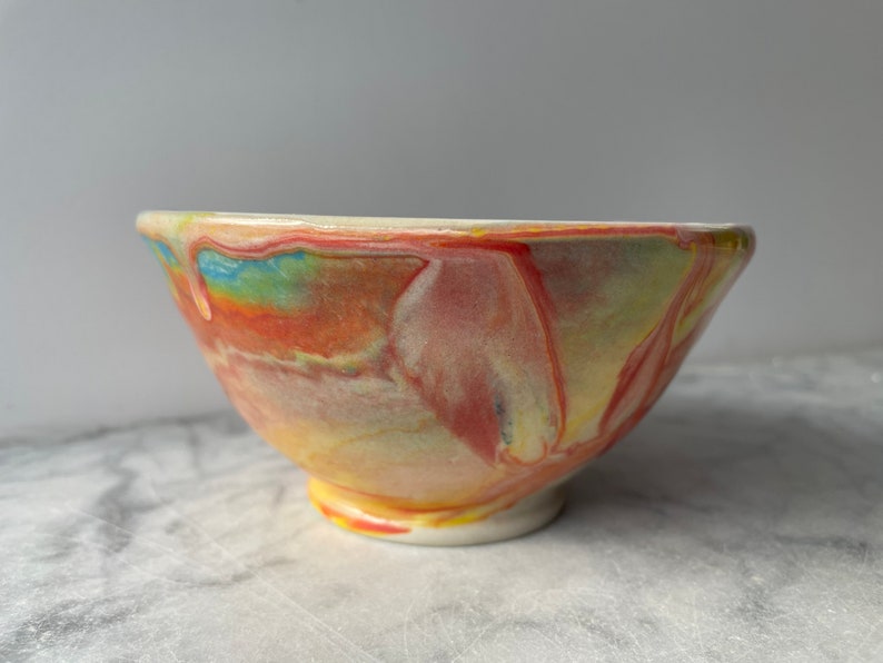 Small bowl marbled drippy colored slip pour painting pottery fluid art ceramics porcelain vessel image 2