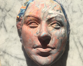 Ceramic Wall Art Portrait of a Rainbow Woman Sculpture Face Mask Colorful Surface Marbled Fluid Porcelain Slip Painting on Stoneware