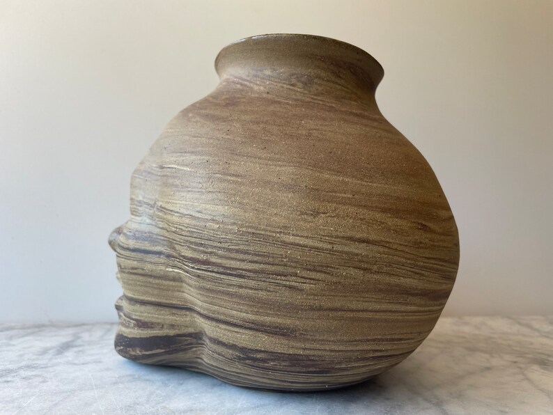 Large Face Vase Sculpture Head Ikebana Vessel Meditation with Drips, Marbled Agateware Wax Resist Dancer image 7
