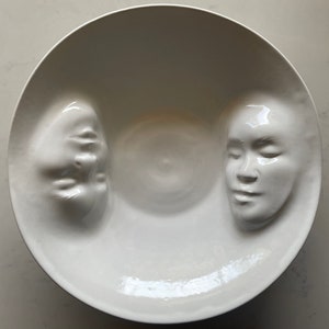 Made to Order Yin Yang Lovers Bowl, Wall Hanging Platter Ceramic Serving Vessel Figure Sculpture Bas Relief Faces Roundel Relationship Art image 2