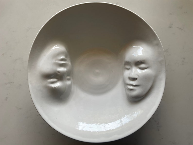 Made to Order Yin Yang Lovers Bowl, Wall Hanging Platter Ceramic Serving Vessel Figure Sculpture Bas Relief Faces Roundel Relationship Art image 2