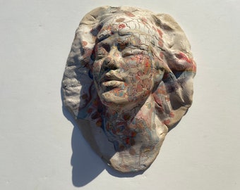 Ceramic Wall Art Mask of a Woman, Sculpture Face Portrait Head Colored Porcelain Clay on Stoneware Incense Burner