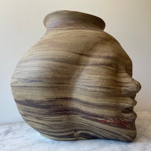 Large Face Vase Sculpture Head Ikebana Vessel Meditation with Drips, Marbled Agateware Wax Resist Dancer image 4