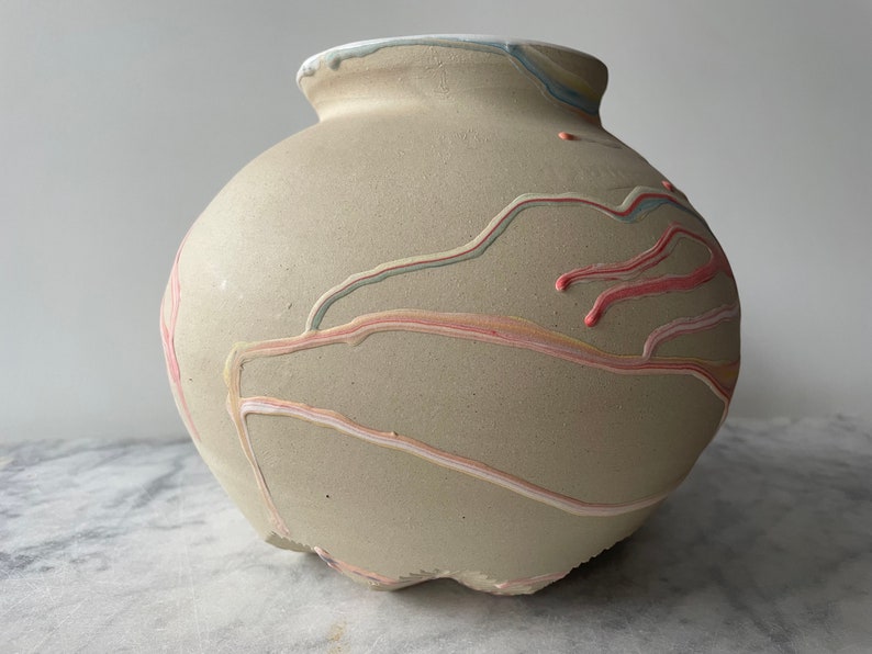 Marbled vase, large moon jar pottery vessel colored clay fluid art pour painting ceramics centerpiece pot image 5