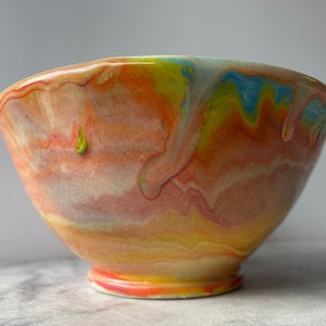 Small bowl marbled drippy colored slip pour painting pottery fluid art ceramics porcelain vessel image 6