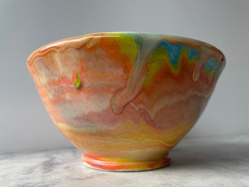 Small bowl marbled drippy colored slip pour painting pottery fluid art ceramics porcelain vessel image 6