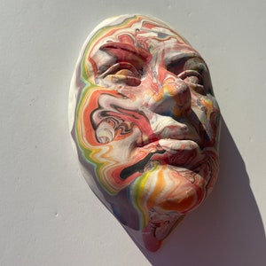Ceramic Wall Art Portrait of a Woman Sculpture Face Mask Colorful Surface Marbled Fluid Porcelain Slip Rainbow Painting