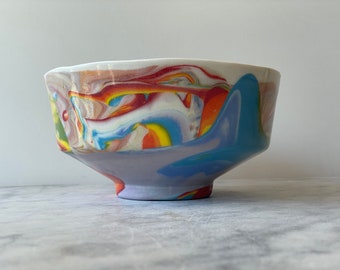 Marbled tea bowl slip pour painting chawan vessel full color spectrum porcelain drips