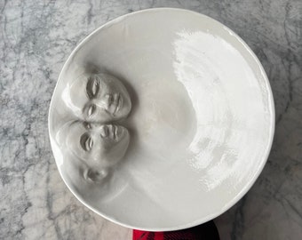 Lovers Bowl, Wall Hanging Platter Ceramic Serving Vessel Figure Sculpture Bas Relief Faces Roundel Relationship Art