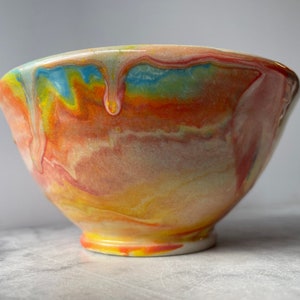 Small bowl marbled drippy colored slip pour painting pottery fluid art ceramics porcelain vessel image 1