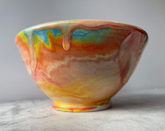 Small bowl marbled drippy colored slip pour painting pottery fluid art ceramics porcelain vessel