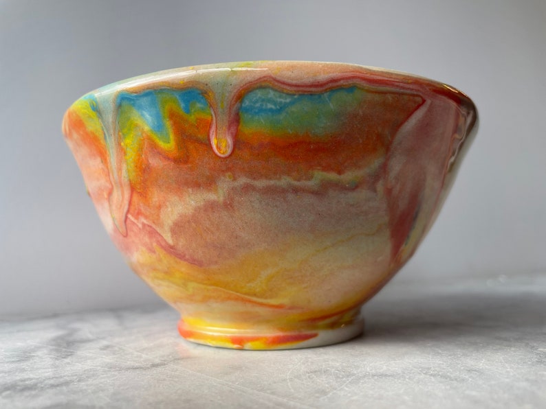 Small bowl marbled drippy colored slip pour painting pottery fluid art ceramics porcelain vessel image 1