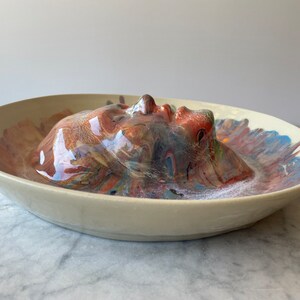 Face sculpture wall hanging platter portrait relief fruit bowl figure art pottery plate head of a woman halo marbled porcelain rainbow drips image 5