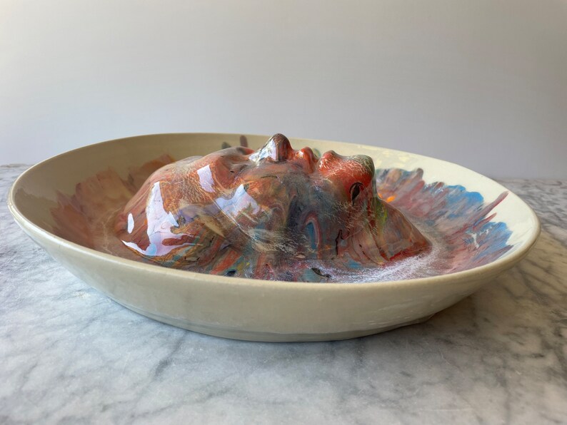 Face sculpture wall hanging platter portrait relief fruit bowl figure art pottery plate head of a woman halo marbled porcelain rainbow drips image 5