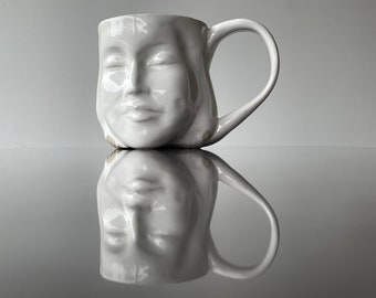 Face Mug Sculpture Head Studio Pottery Figure Vessel Coffee Cup Meditation Art Potrait Bust Glazed White
