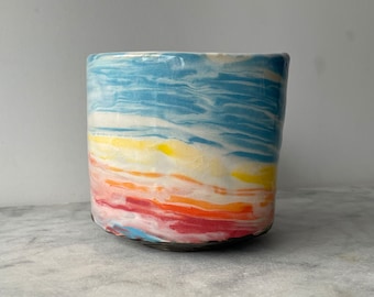 Sunset cup drippy gemarmerd gekleurde slip aardewerk vloeibare kunst keramiek porseleinen vat yunomi theekopje mok tuimelaar