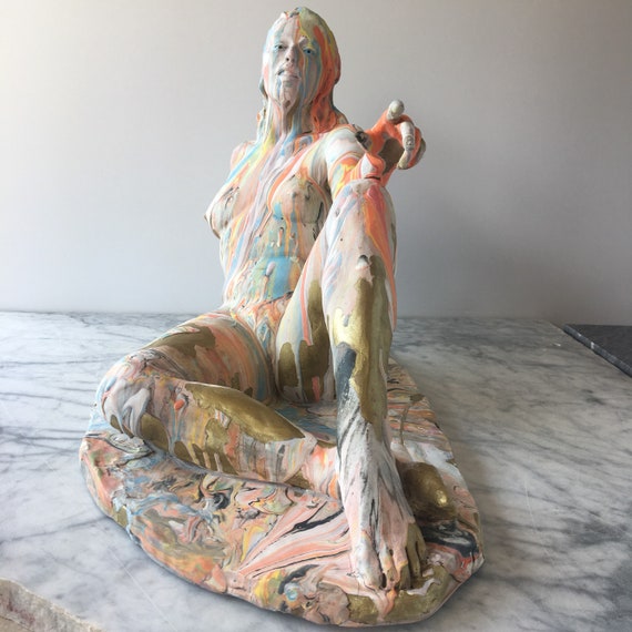 Ceramic figure sculpture seated nude  figurine fluid painting marbled porcelain slip on stoneware clay body looking up mature