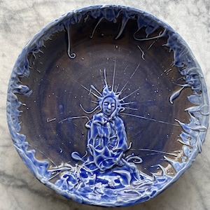 Blue glazed plate buddha meditation textured glaze painting plate, yoga serving art wall hanging pottery platter image 1