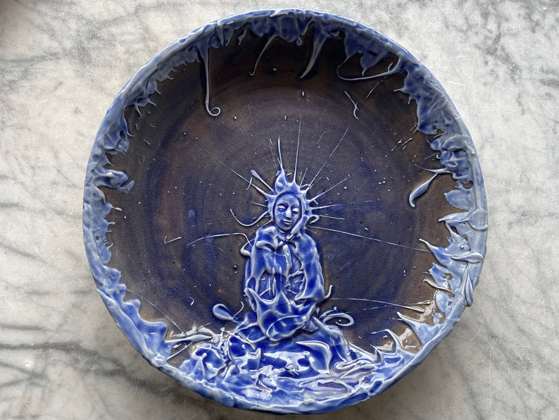 Blue glazed plate buddha meditation textured glaze painting plate, yoga serving art wall hanging pottery platter image 1