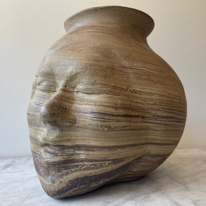 Large Face Vase Sculpture Head Ikebana Vessel Meditation with Drips, Marbled Agateware Wax Resist Dancer image 2