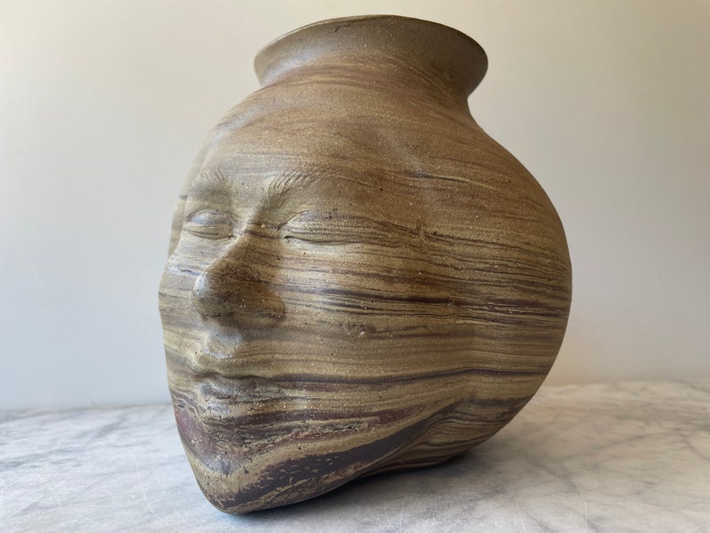 Large Face Vase Sculpture Head Ikebana Vessel Meditation with Drips, Marbled Agateware Wax Resist Dancer image 2
