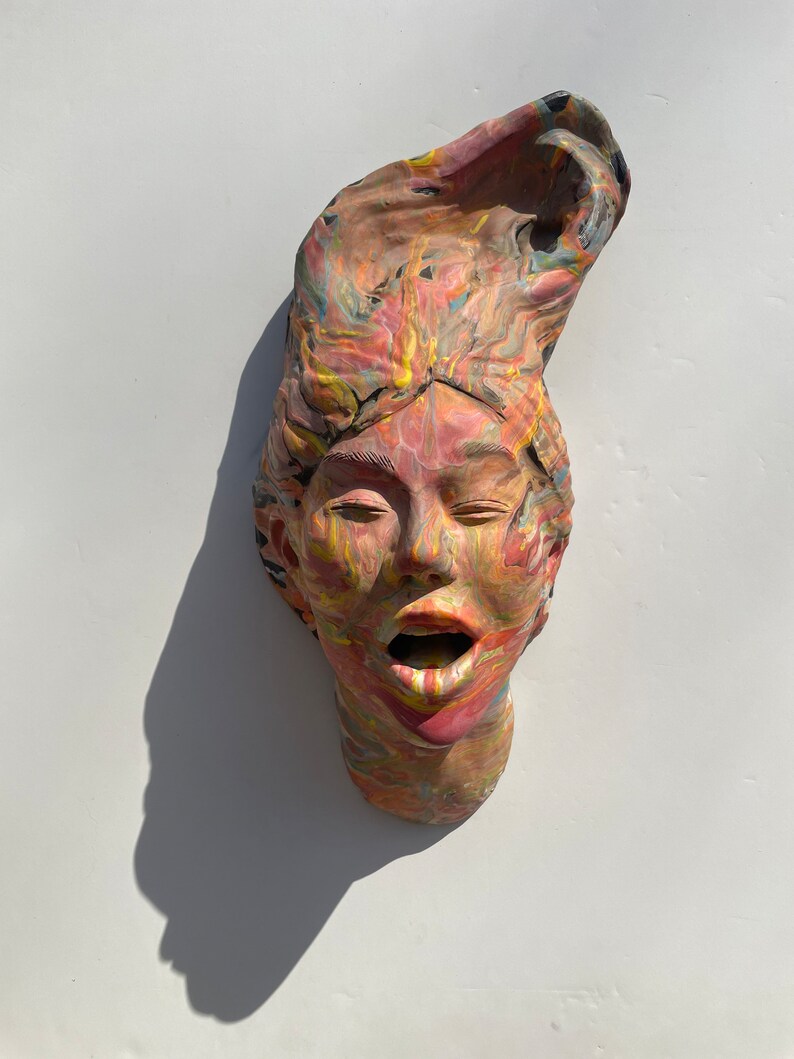 Mouth vase bust wall sculpture colorful marbled porcelain slip painting drips fluid art stoneware statue trophy head ceramic face pottery image 10