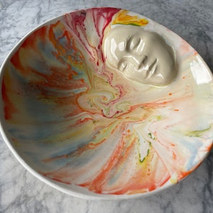 Marbled Face Bowl Ceramic Art Centerpiece Serving Sculpture Bas Relief Vessel, Wall Hanging Roundel Pour Painting image 2