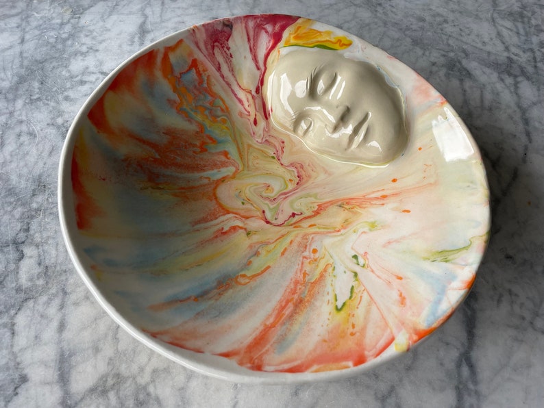 Marbled Face Bowl Ceramic Art Centerpiece Serving Sculpture Bas Relief Vessel, Wall Hanging Roundel Pour Painting image 2