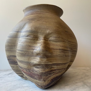 Large Face Vase Sculpture Head Ikebana Vessel Meditation with Drips, Marbled Agateware Wax Resist Dancer image 3