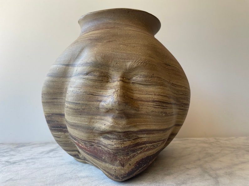 Large Face Vase Sculpture Head Ikebana Vessel Meditation with Drips, Marbled Agateware Wax Resist Dancer image 3