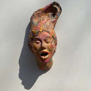 Mouth vase bust wall sculpture colorful marbled porcelain slip painting drips fluid art stoneware statue trophy head ceramic face pottery image 4