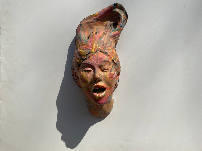 Mouth vase bust wall sculpture colorful marbled porcelain slip painting drips fluid art stoneware statue trophy head ceramic face pottery image 4