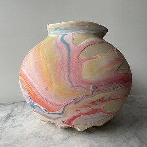 Marbled vase, large moon jar pottery vessel colored clay fluid art pour painting ceramics centerpiece pot image 3