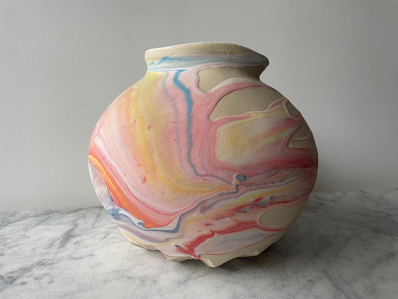 Marbled vase, large moon jar pottery vessel colored clay fluid art pour painting ceramics centerpiece pot image 3