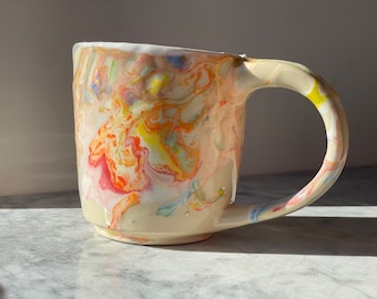 Mug cup marbled colored porcelain on stoneware clay ceramic art pottery fluid painted vessel
