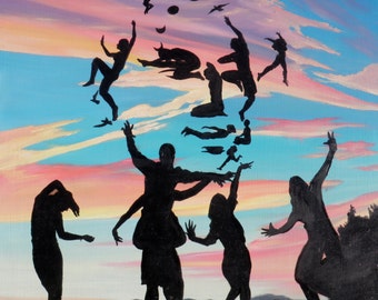 Original oil painting, sunset silhouettes anthropomorphic double image face dancers flying dream, how we make each other up