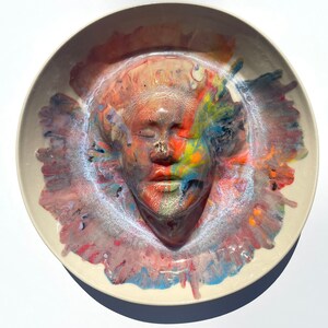 Face sculpture wall hanging platter portrait relief fruit bowl figure art pottery plate head of a woman halo marbled porcelain rainbow drips image 2