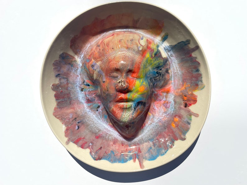 Face sculpture wall hanging platter portrait relief fruit bowl figure art pottery plate head of a woman halo marbled porcelain rainbow drips image 2