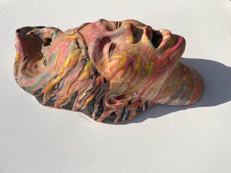 Mouth vase bust wall sculpture colorful marbled porcelain slip painting drips fluid art stoneware statue trophy head ceramic face pottery image 8